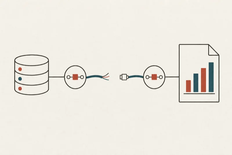 A data pipeline from database to chart, broken in the middle with unplugged cable ends